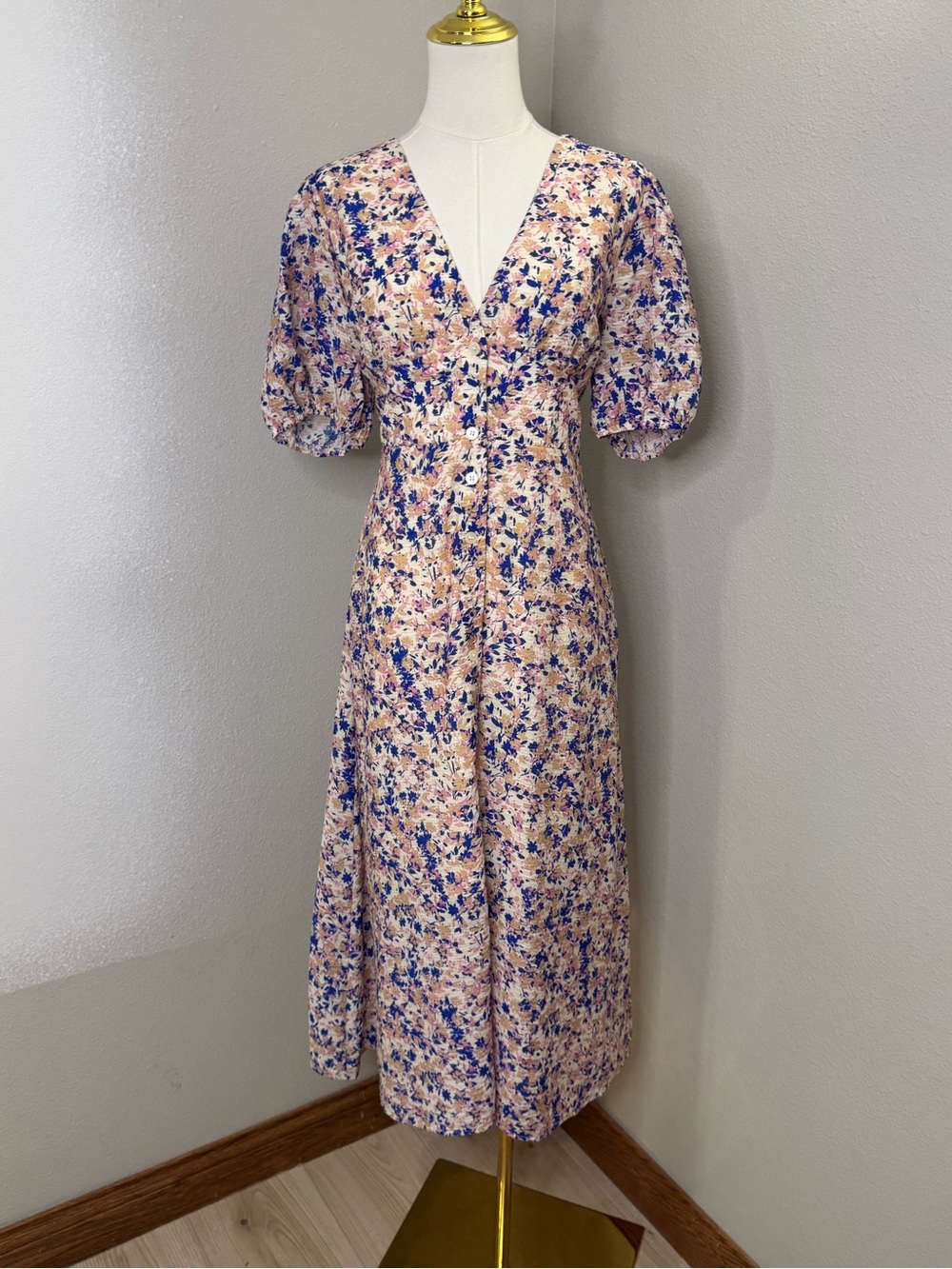 A & She Floral Midi Dress Women’s Large Puff Sleeve Button Front Cotton NWT